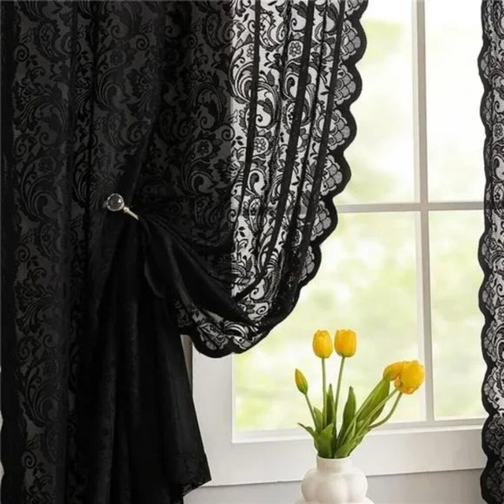 Pack of 2 Black Lace Vintage Floral Sheer Curtain Panels